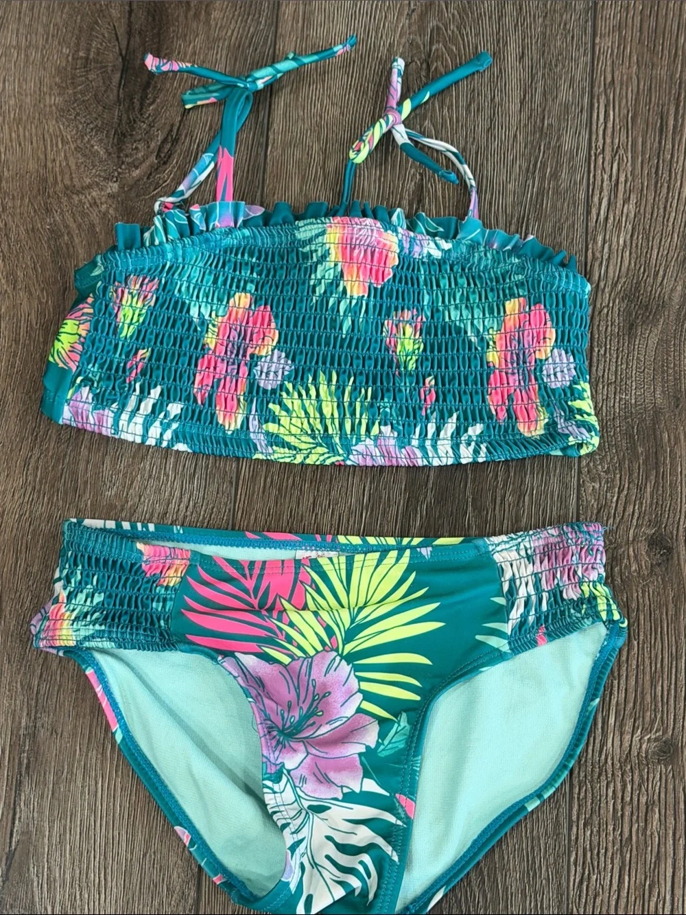 Justice Teal Tropical Floral Bikini with Pink and Lime Accents
